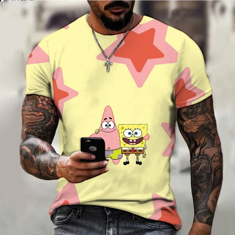 2024 Summer Children\'s SpongeBob T-shirt Kids Fashion Casual Men\'s Round Neck T-shirt Cartoon Boys Clothes Girls Tops