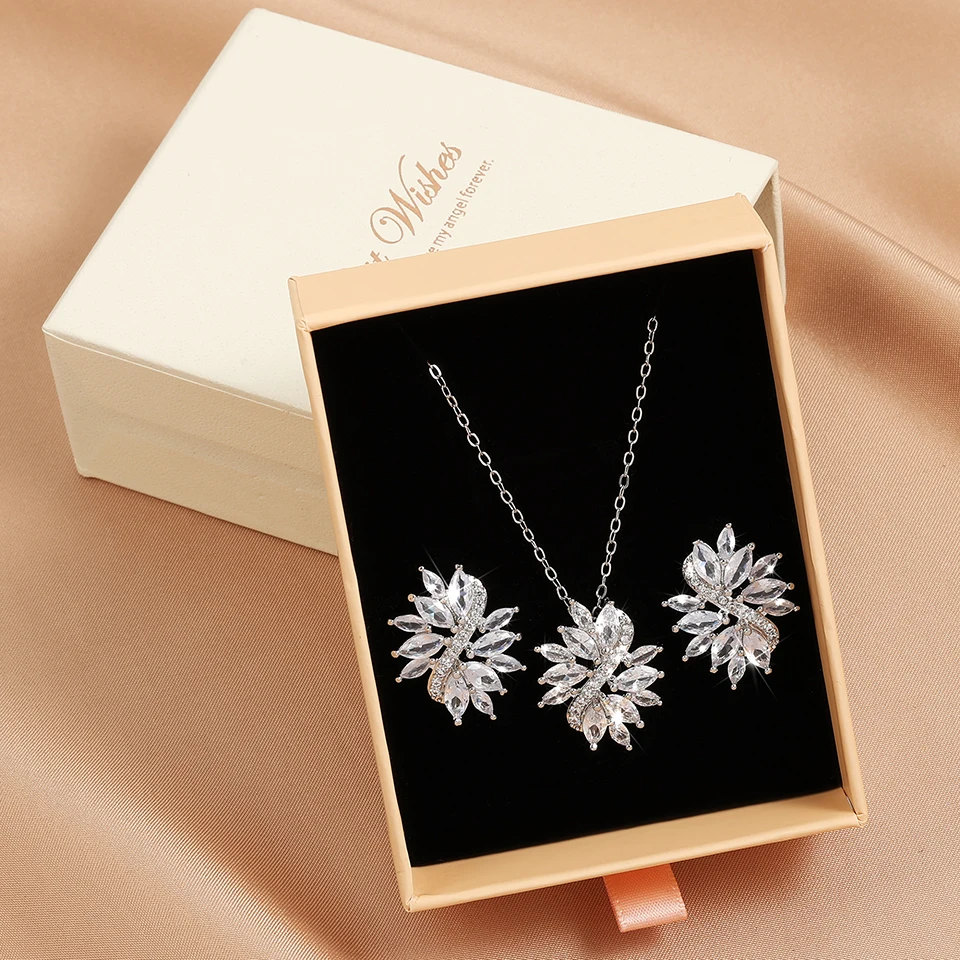 ZAKOL Luxury Buling Clear AAA Zircon Earring Necklaces Boxs 3 Pcs Set for Women Wykwintna biżuteria na prezenty z pudełkiem upominkowym