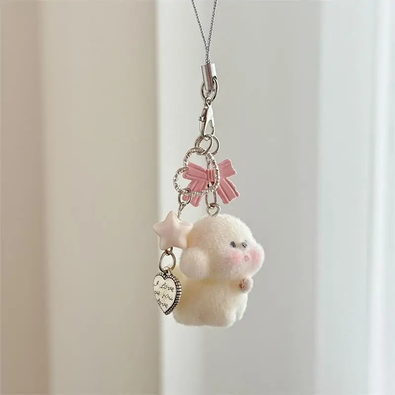 

11cm Cartoon Animal Flocking Bear Puppy Bow Beaded Keychain Pendant Backpack Ornament Bag Lanyard Phone Chain Couple Gift