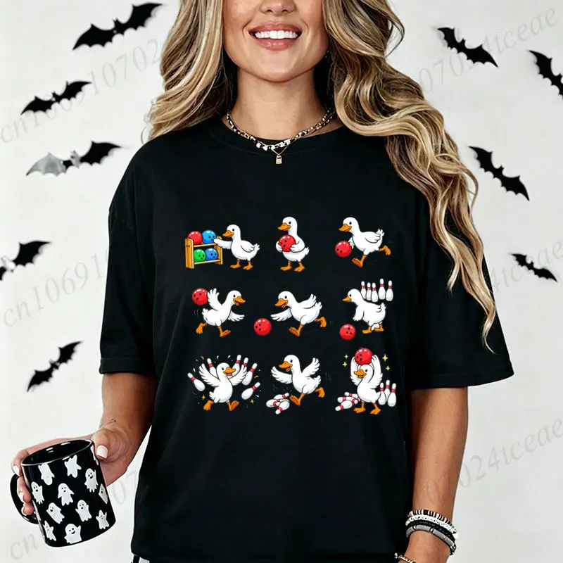 Funny Geese Playing Bowling Print Short Sleeve T Shirt Cute Cartoon Goose Women T-Shirt Fashion Clothing Female Top Tee Gifts