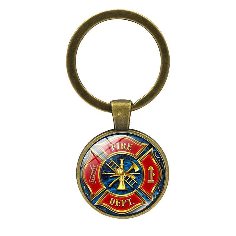 Popular Jewelry Glass Pendant Keychain Rescue Firefighter Theme Bronze Color Metal Keychain Jewelry Gifts for Family or Friends