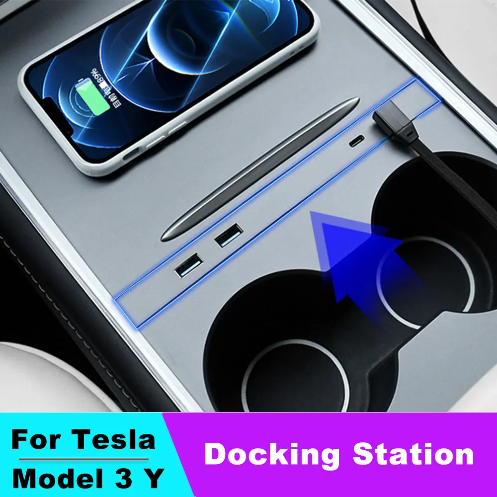 27W Quick Charger USB HUB For Tesla Model 3 Model Y 2023 2022 2021 Intelligent Docking Station Powered Splitter Extension