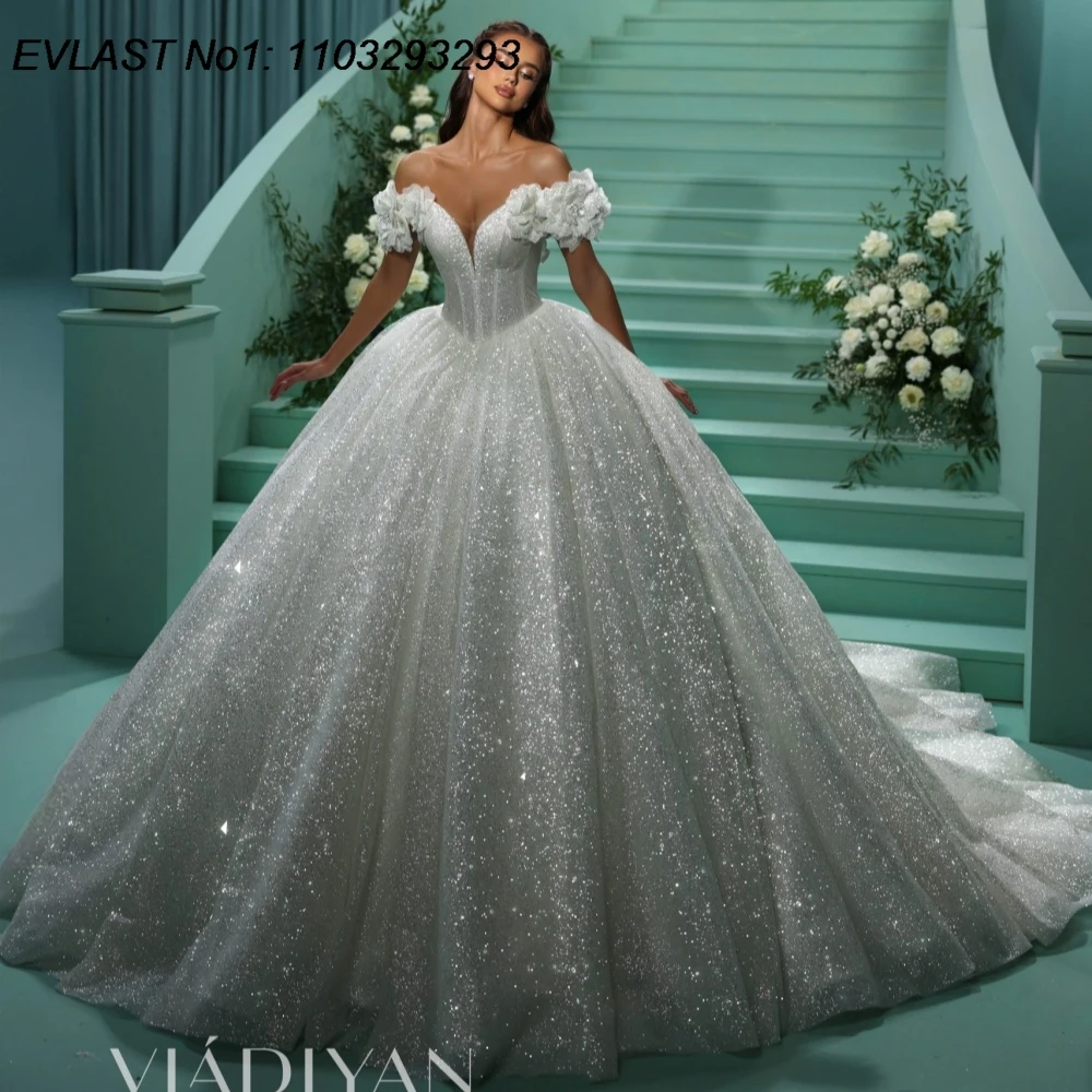 

EVLAST Customized Shiny A Line Wedding Dress Sweetheart Lace Applique Beading Floral Bridal Bride Gowns Robe De Mariee TBD44