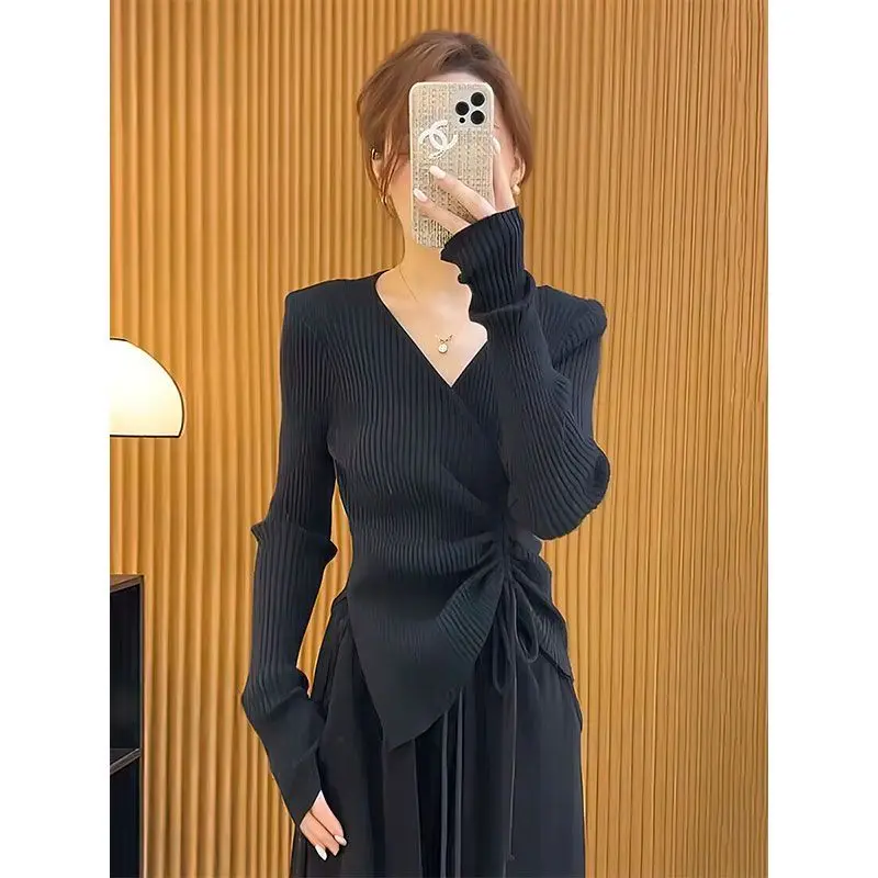 Women\'s Autumn Winter New Fashion Elegant Solid V-neck Irregular Drawstring Versatile Long Sleeve Slim Fit Sweater Knitted Tops