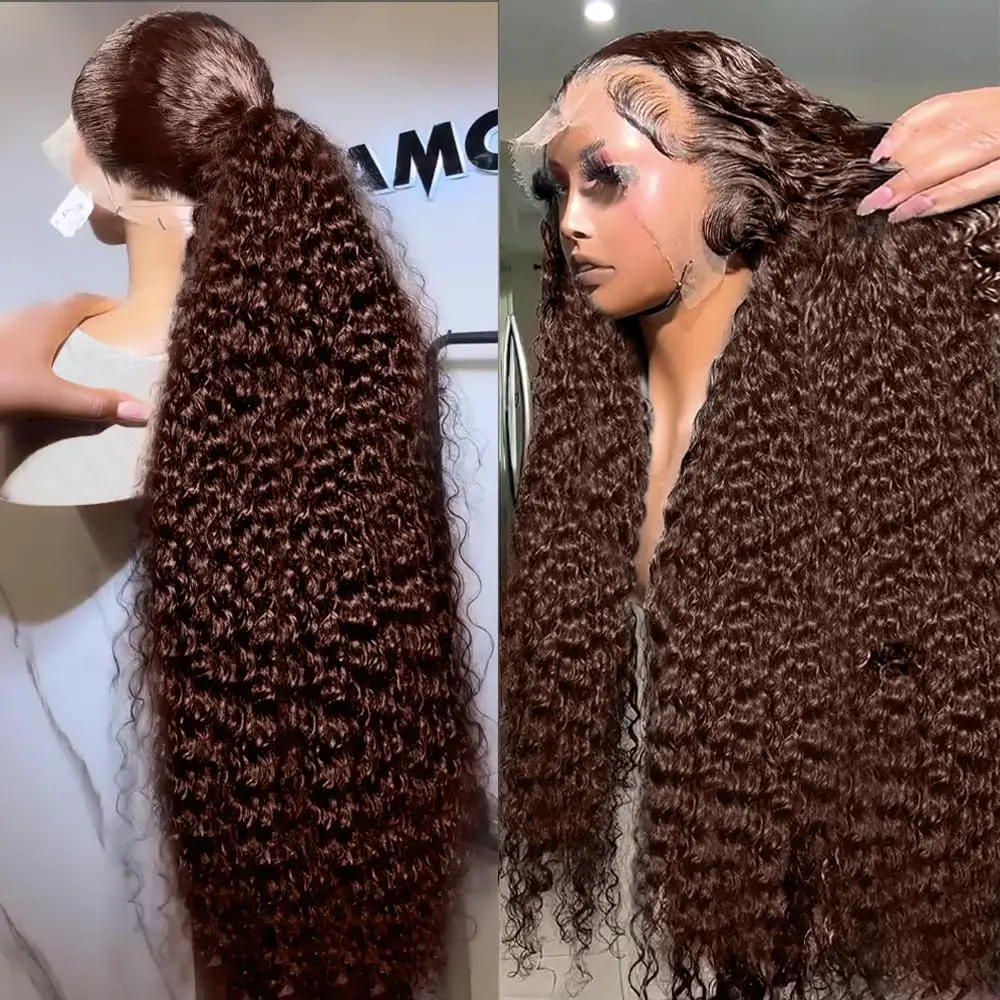 

34-дюймовые шоколадно-коричневые парики с глубокими волнами, с кружевной передней частью, из натуральных волос, плотность 250, 13x4 HD кружевные парики с фронтальной частью, кудрявые, из натуральных коричневых волос