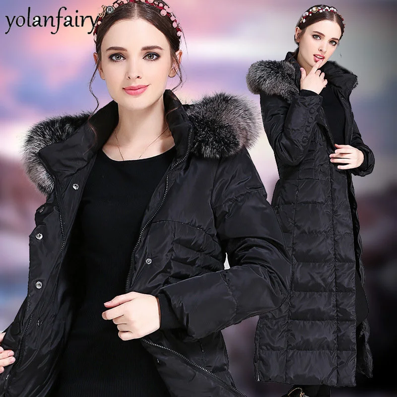 

Women’s Winter Down Jacket Long Coats Fox Hair Big Fur Collar 400g White Duck Super Hooded Slim Coat 5XL F