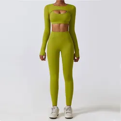 Conjunto de ropa deportiva de Yoga para mujer, ropa de entrenamiento atlética, leggings deportivos para gimnasio, 2/3 piezas, sujetador de Fitness, Top corto, traje de Yoga de manga larga