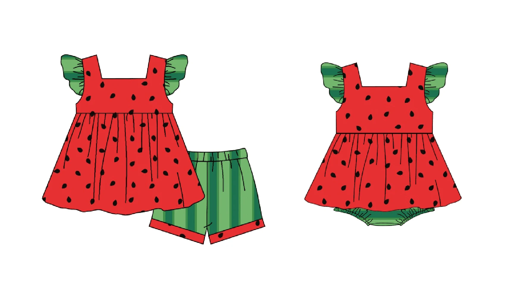 

Girls Summer Watermelon Suit Red pearl Top Green Shorts New Summer Baby Clothing Wholesale