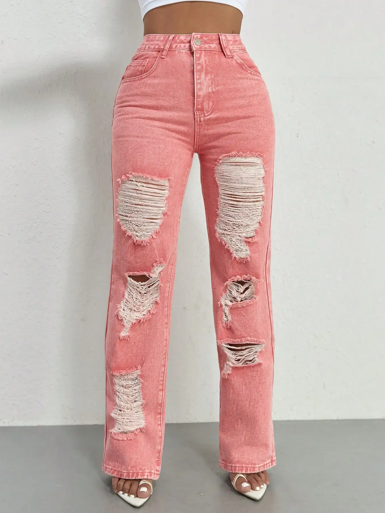 

2024 new pink ripped jeans, high waist hip lift slanting pocket ladies jeans