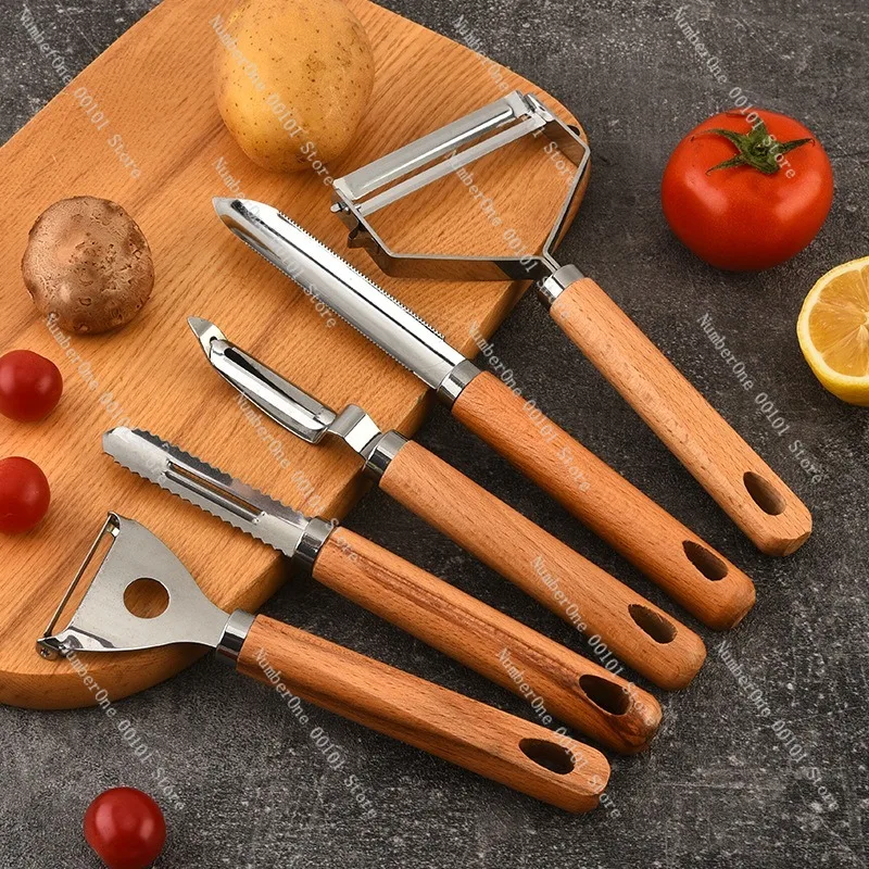 Premium Stainless Steel Kitchen Peeler Grater with Wooden Handle Multifunction Cheese Grater Fruit Vegetable Peeler Cutter