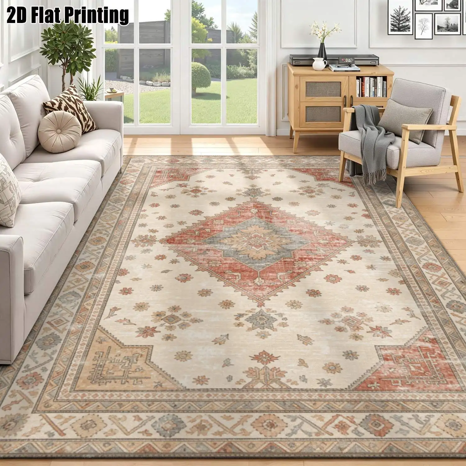 1Pc 2D Printed Warm Brown Retro Geometric Pattern Carpet, European/Retro/Bohemian Style, Ideal Home Decor, Multi-Size, Machine Washable, for Multi-Scene Use