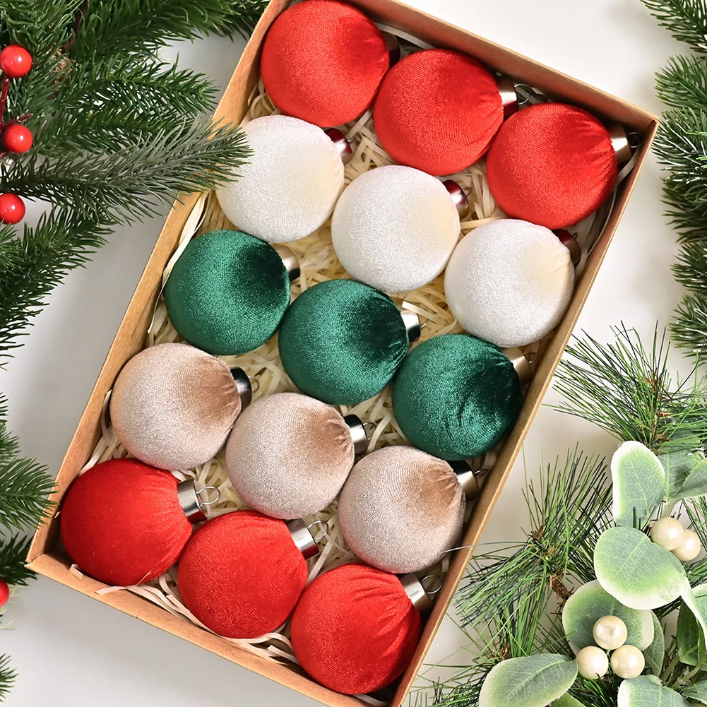 Velvet For Christmas Ornaments Balls Set of 15 for Tree Window Wall Mantle Holiday Decoration with Hanging Loops