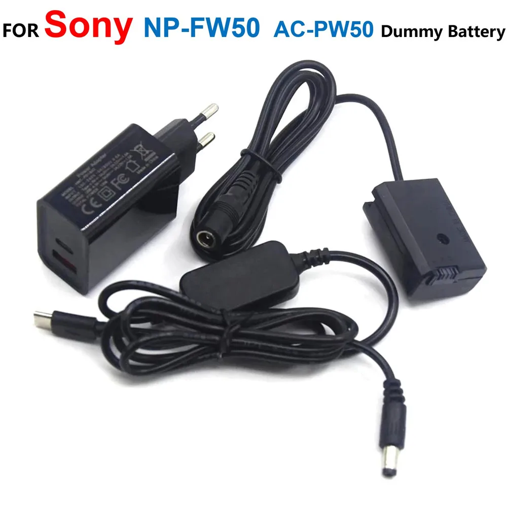 NP-FW50 fałszywa bateria + kabel zasilający USB C + Adapter ładowarka PD do Sony NEXC3 NEXC5 NEX7 A3500 A5100 A5000 A7000 SLTA33 A7R A7M2 A7II