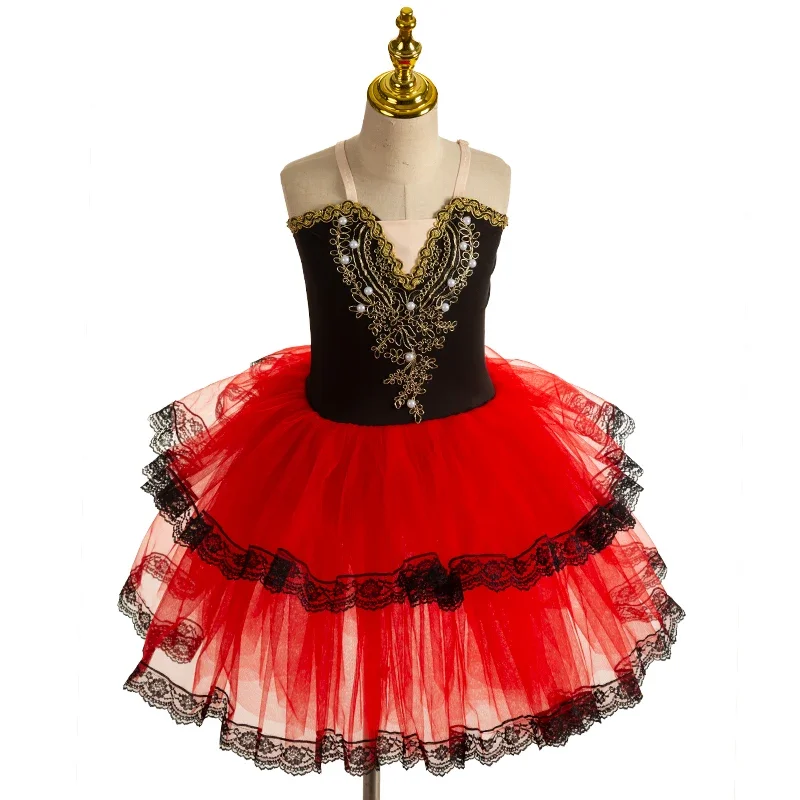 Robe de Ballet Professionnelle en Dentelle Rouge pour Enfant, Costume d'Halloween, Longue, Tutu, Crêpe, Enfant en Bas Âge