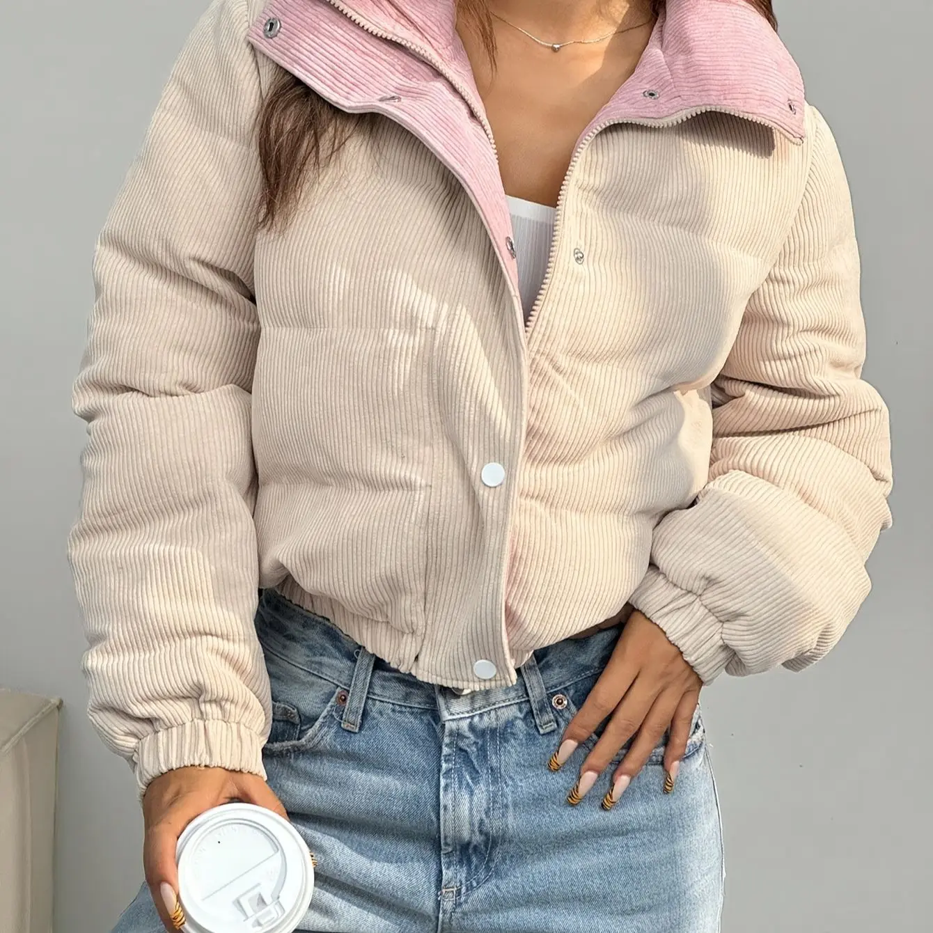 

2025 Autumn and Winter New Zipper Double-sided Snap Button Corduroy Jacket Cotton Jacket