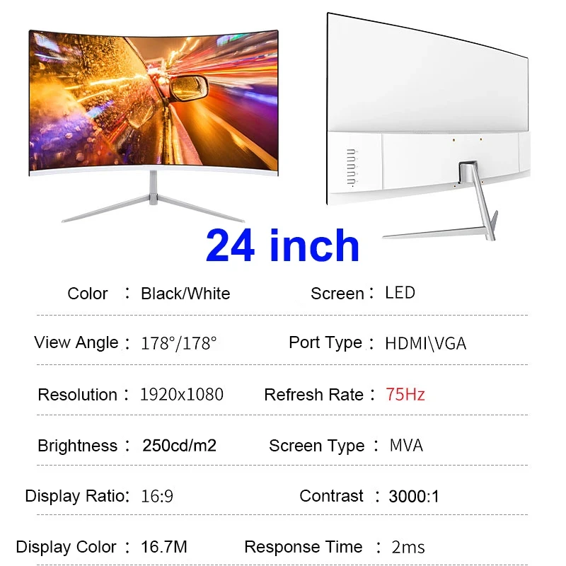 24 inch gebogen 75 Hz monitor gaming VA FHD 1080P computerscherm 3000R HDMI/VGA DCR oogbescherming VESA 100 * 100 2 ms respons