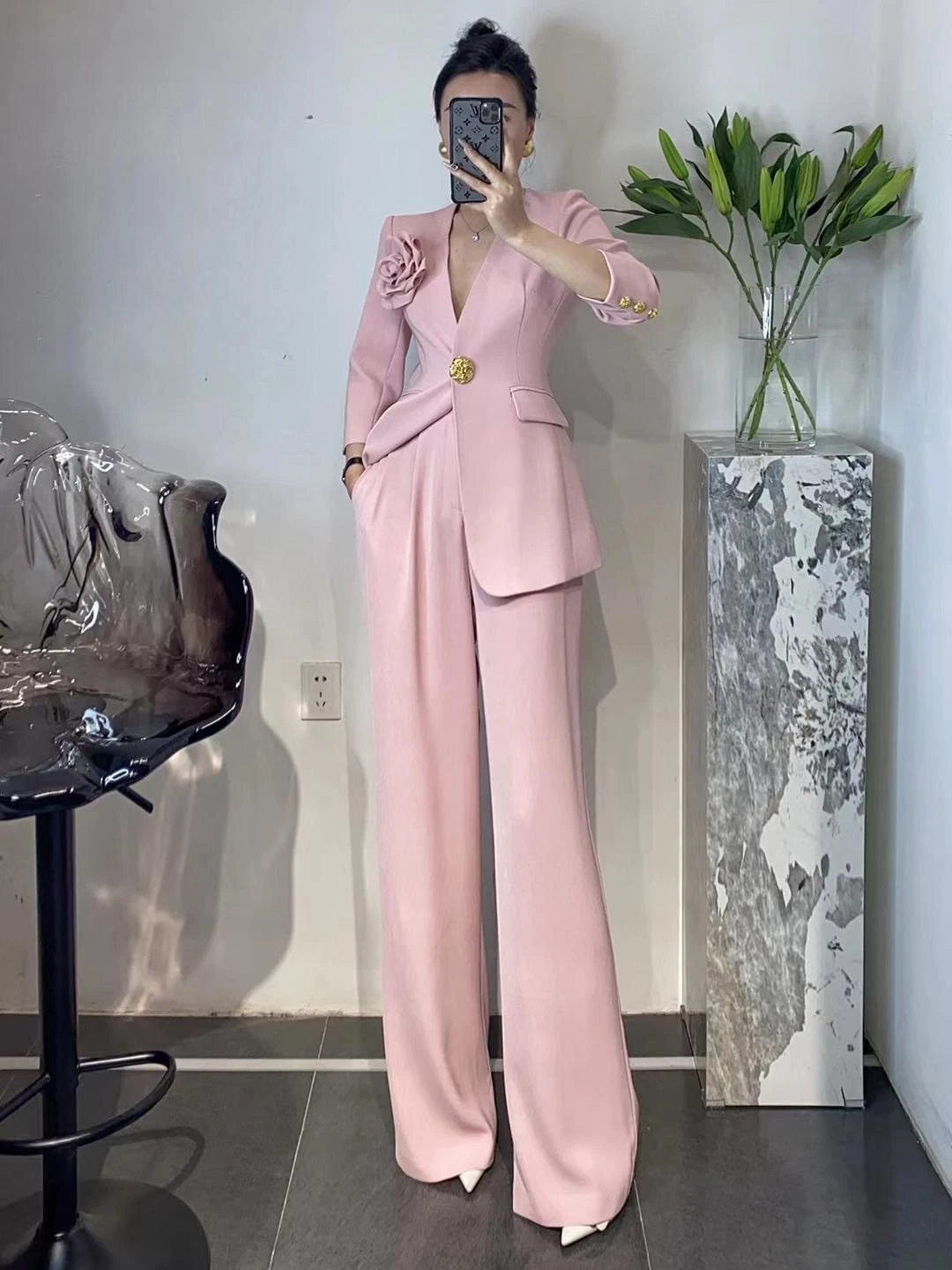 Senior Business Suit Elegant Lady Commute Style Fashion Three-Dimensional Flower Gold Buckle Slim Coat Wide Leg Pants 2Piece Set