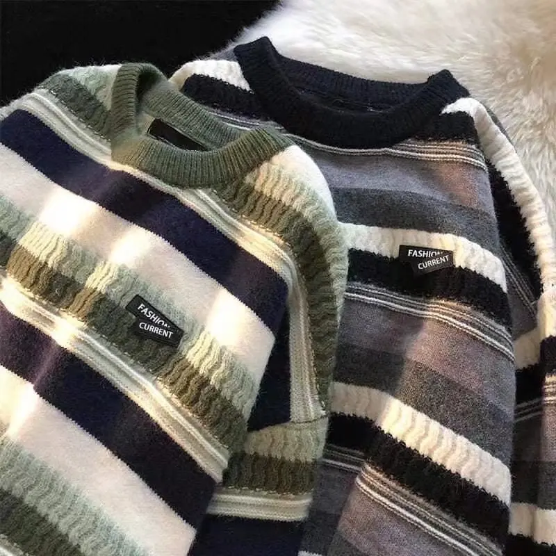 

American Sle Comfortable Lazy Street Sle Knitted Sweater for Men Autumn Vintage Hong Kong Sle High Street Striped Top