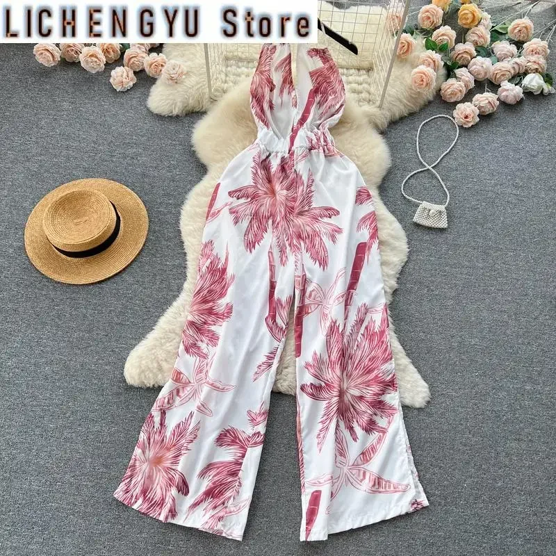 New Elegant Style Chic Jumpsuit Women Print Halter Contrast Color Backless High Waist Jumpsuits Winter Spring
