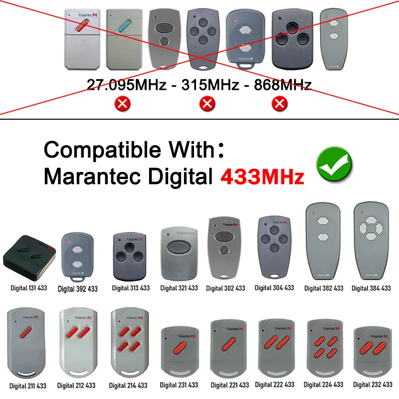 For Marantec Digital 392 313 321 302 304 382 384 211 212 214 231 221 222 224 232 323 131 Garage Remote Control 433MHz Fixed Code