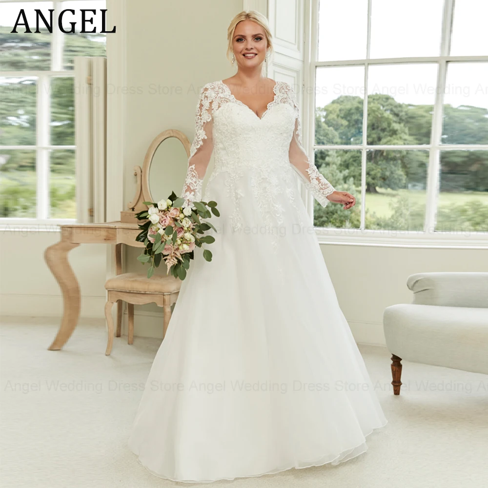

ANGEL Elegant Plus Size Wedding Dresses Customized A-Line V-Neck Lace Up Tulle Lace Long Sleeves Bridal Gowns Vestidos De Noiva