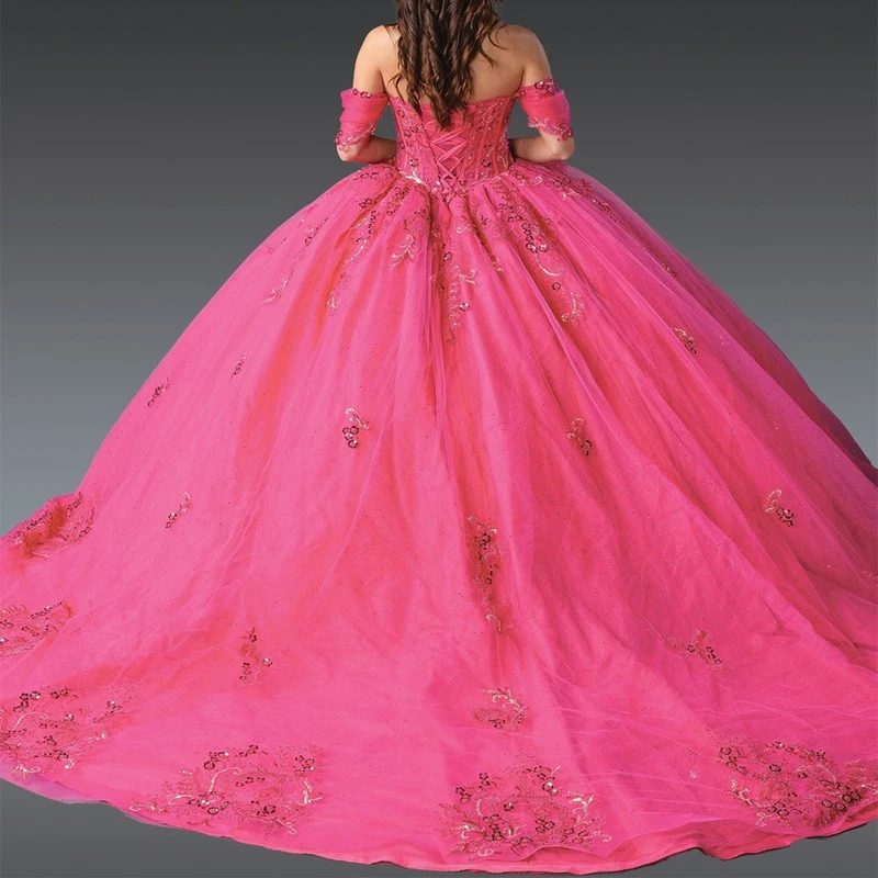 Vestidos De quinceañera brillantes, Vestido De baile con apliques De lentejuelas, cuentas, Tull, fiesta De cumpleaños, dulce 16, rosa roja, 15