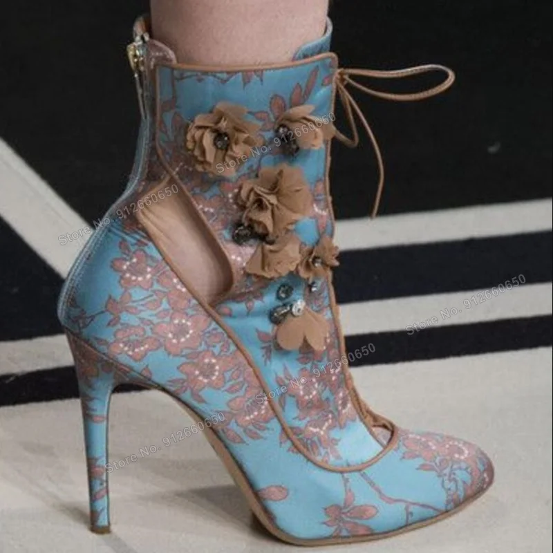 Moraima-botas con cremallera trasera y cordones para mujer, zapatos de boda de tacón con flores decorativas, Color negro y azul, a la moda