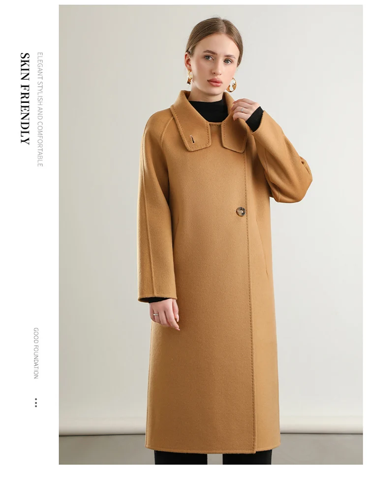 Pure Wool Trench Coat 100% Woolen Overcoat Dense Fabric New Women Turn-down Collar Handmade Long Coat Winter Jacket #20