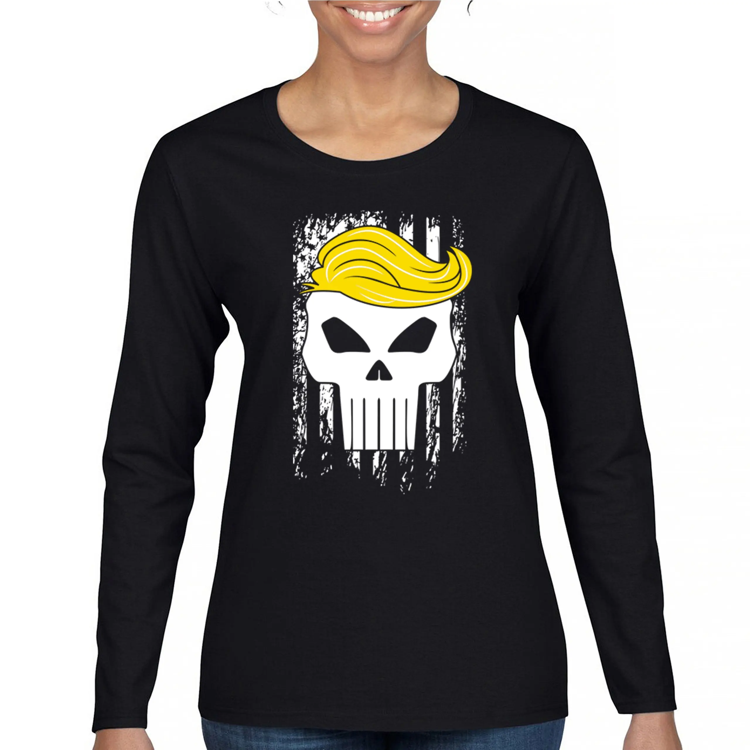 Trump Flag 2024 Women's Long Sleeve T-shirt Deplorable Skull MAGA President FJB