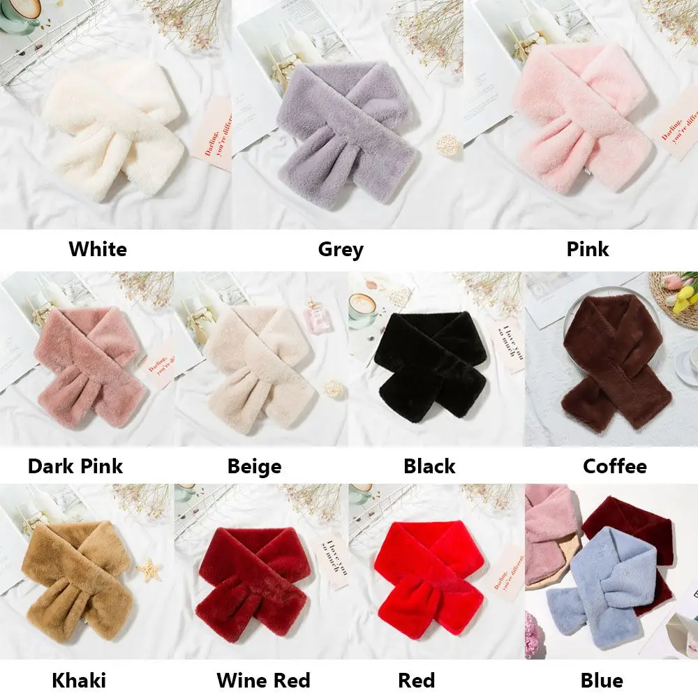 Women Winter Warm Thicken Cross Collar Scarf Solid Color Faux Rabbit Fur Plush Elegant Shawl Scarfs