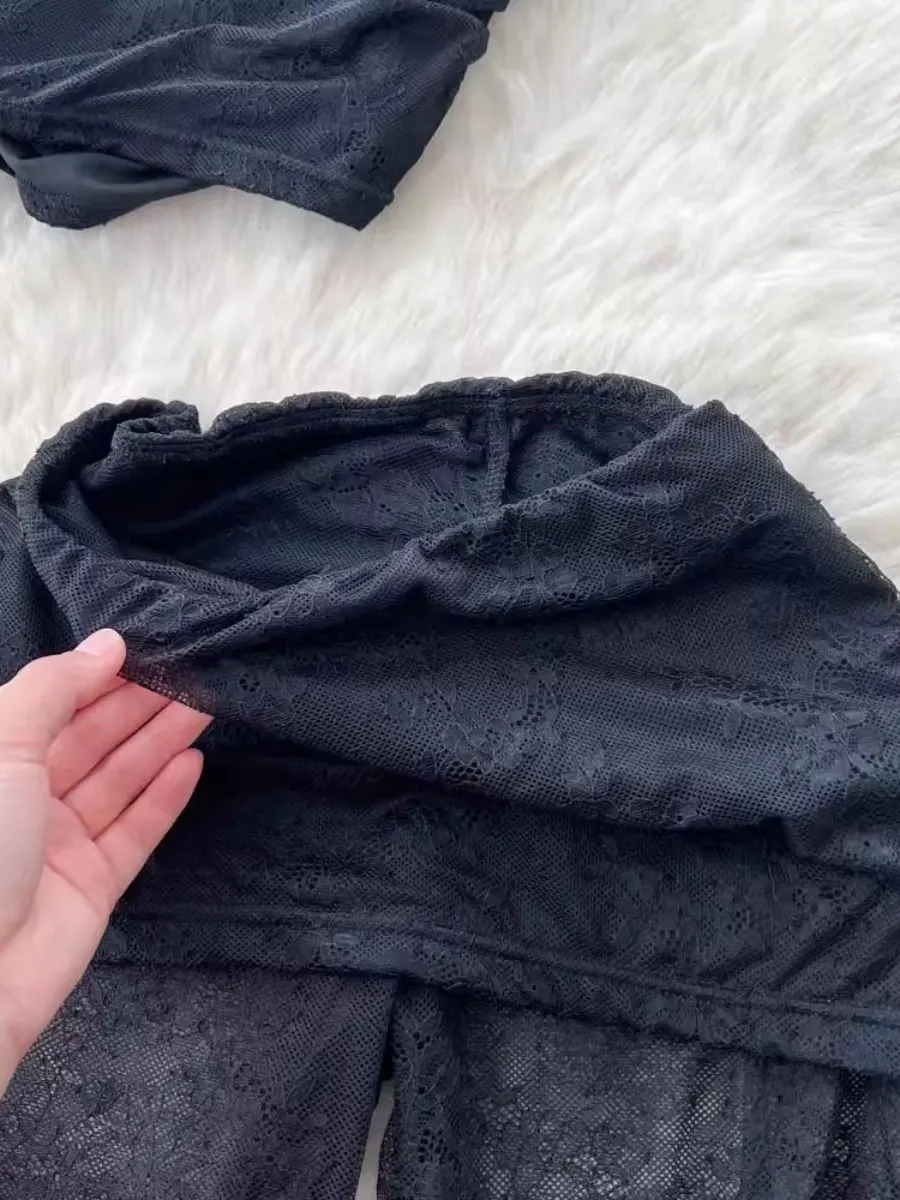 ssTss American Sexy Chaleco ajustado sin mangas con un hombro + Pantalones acampanados de encaje transparentes negros de cintura alta Conjunto de 2 piezas