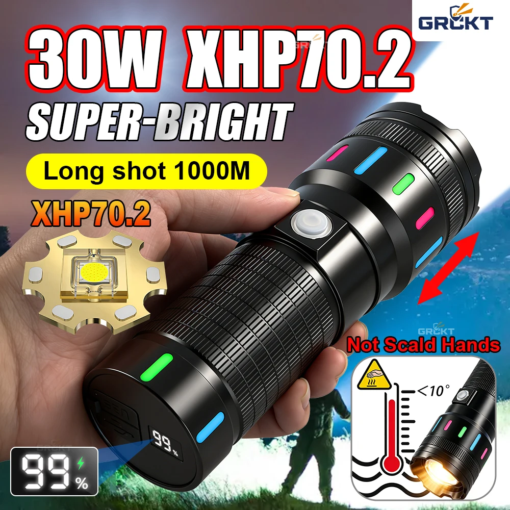 Outdoor Lighting Black - 30W XHP70.2 Flashlights High Power Rechargeable