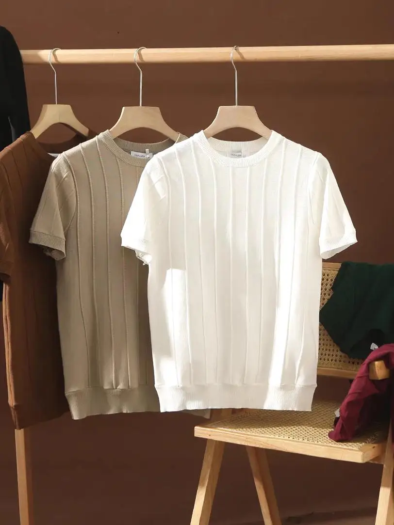 

Retro Core Yarn Knitted Shirt Men Silk Lustrous Cotton Ice Silk Short Sleeve Sweatshirt Cool Thin Breathable Casual Workwear ...