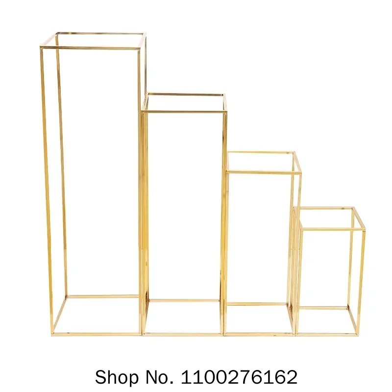 4pcs Shiny Gold Iron Plinths Pillar Cake Holder Metal Frame Backdrops Wedding Centerpiece Flower Stand Home Crafts Rack Decor