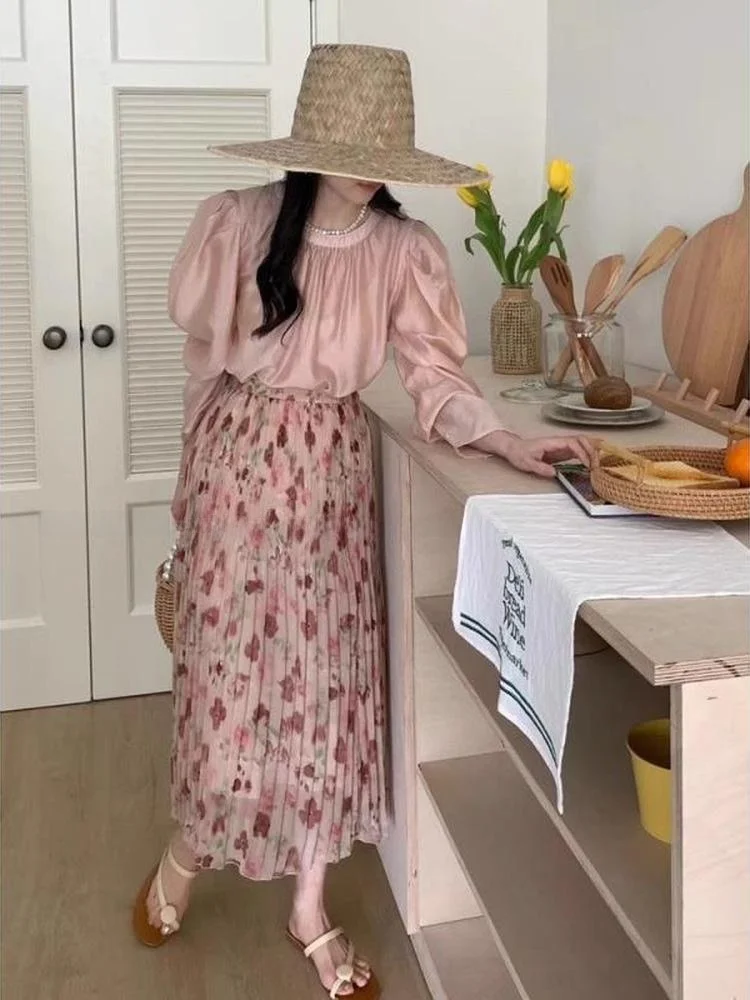 Artistic Pleated Midi Skirt High Waist Slimming A-Line Half-length Vintage Style Spring Summer New Arrival Women's Fashion