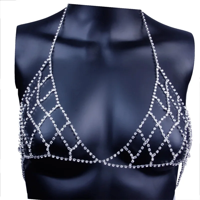 Stonefans Sexy Rhinestone Bra Body Belly Chain Summer Bikini Top Jewelry Beachwear Harness Necklace Inner Mesh Chest Chains Gift