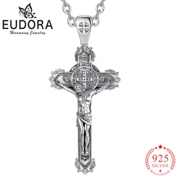 Eudora 925 Sterling Silver Crucifix Cross Necklace Jesus Religious Believer Pendant Men Women Vintage Jewelry Personality Gifts