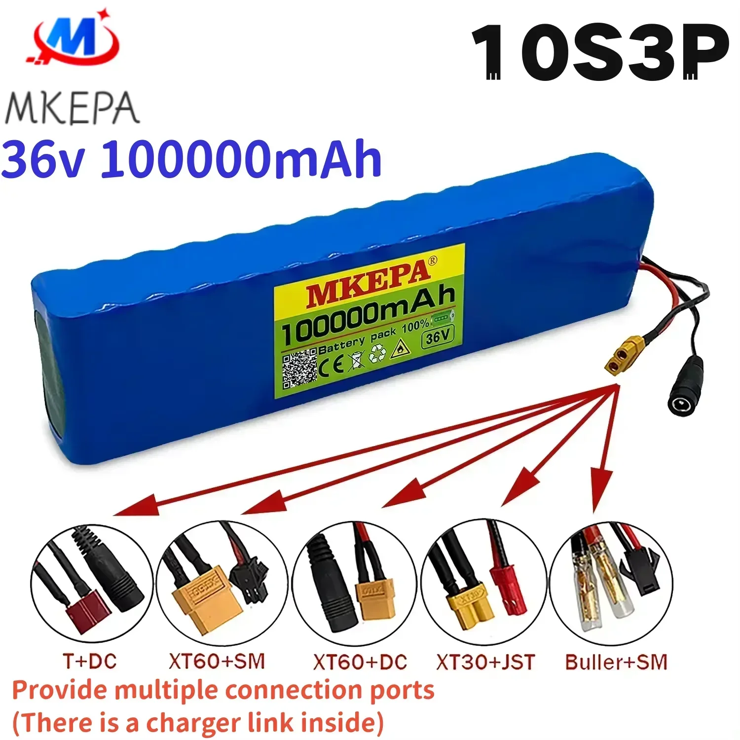 

36V 100000mAh 18650 Rechargeable Lithium Battery Pack 10S3P Power Modified Bicycle Scooter Electric Vehicle with BMS+charger