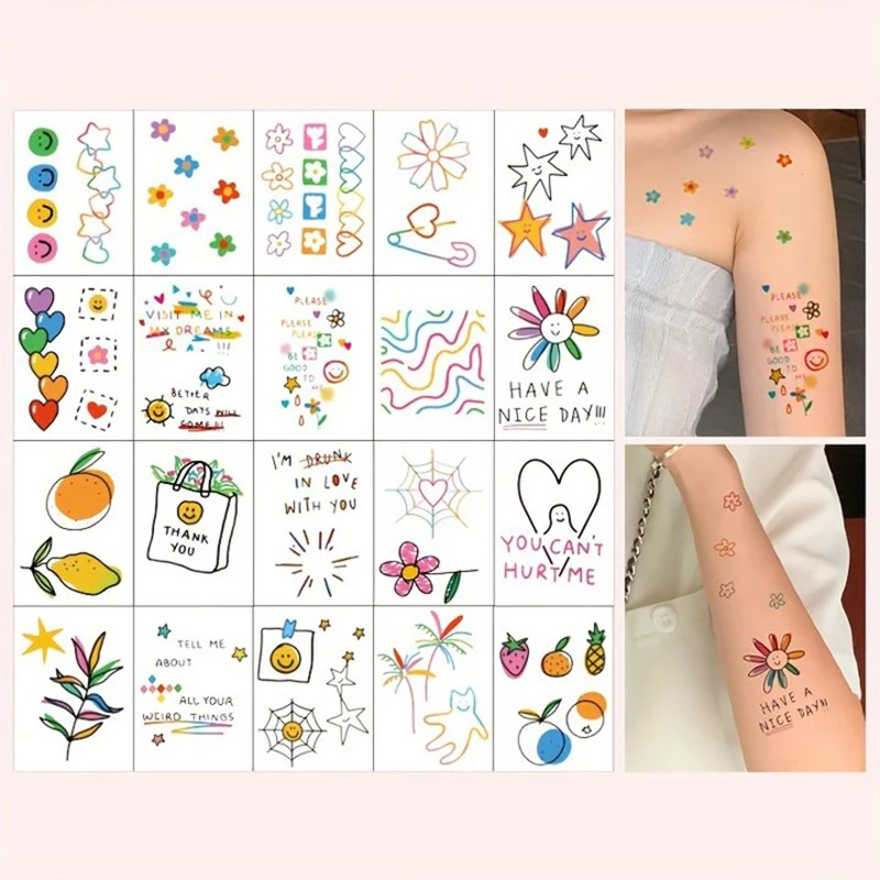 

20pcs Colorful Love Flower Fruit Waterproof Temporary Tattoo Stickers for Women Girls Sweet Cute Graffiti Small Pattern Tattoos