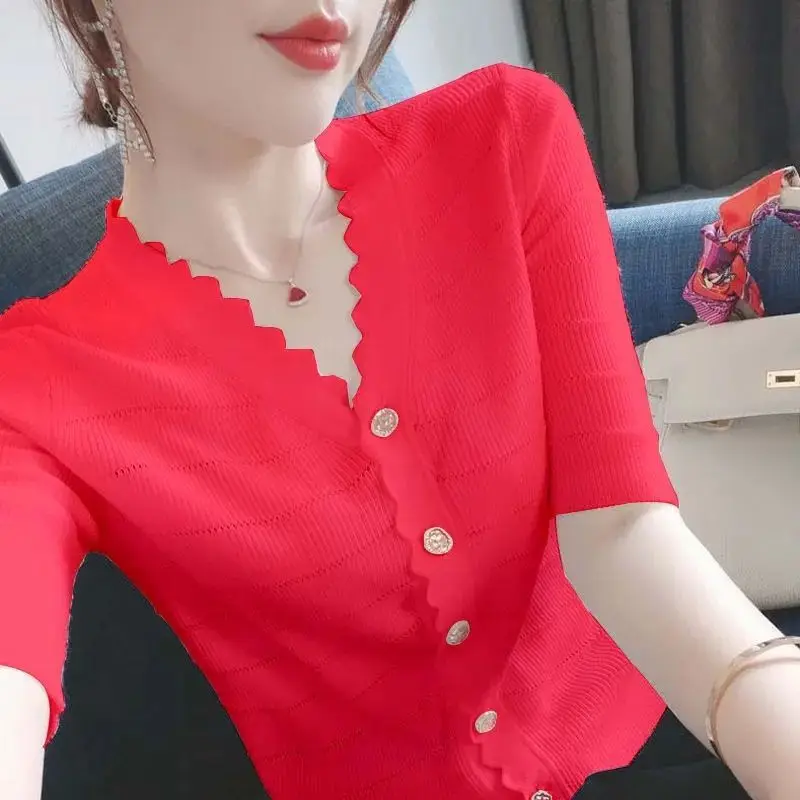 Fashion V-Neck Button Knitted Solid Color Hollow Out Shirts Women Clothing 2024 Summer New Loose Korean Tops Commute Blouses