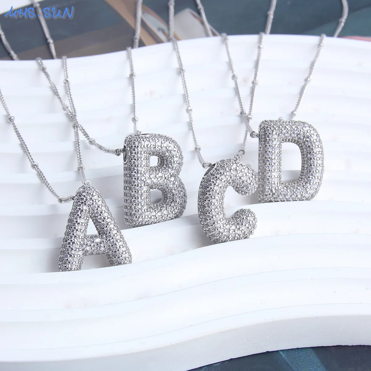 SUNSLL Bubble Cubic Zirconia A-Z 26 Letter Pendant Necklace Fashionably Simple Silver Bubble Letter Necklace For Party Jewelry