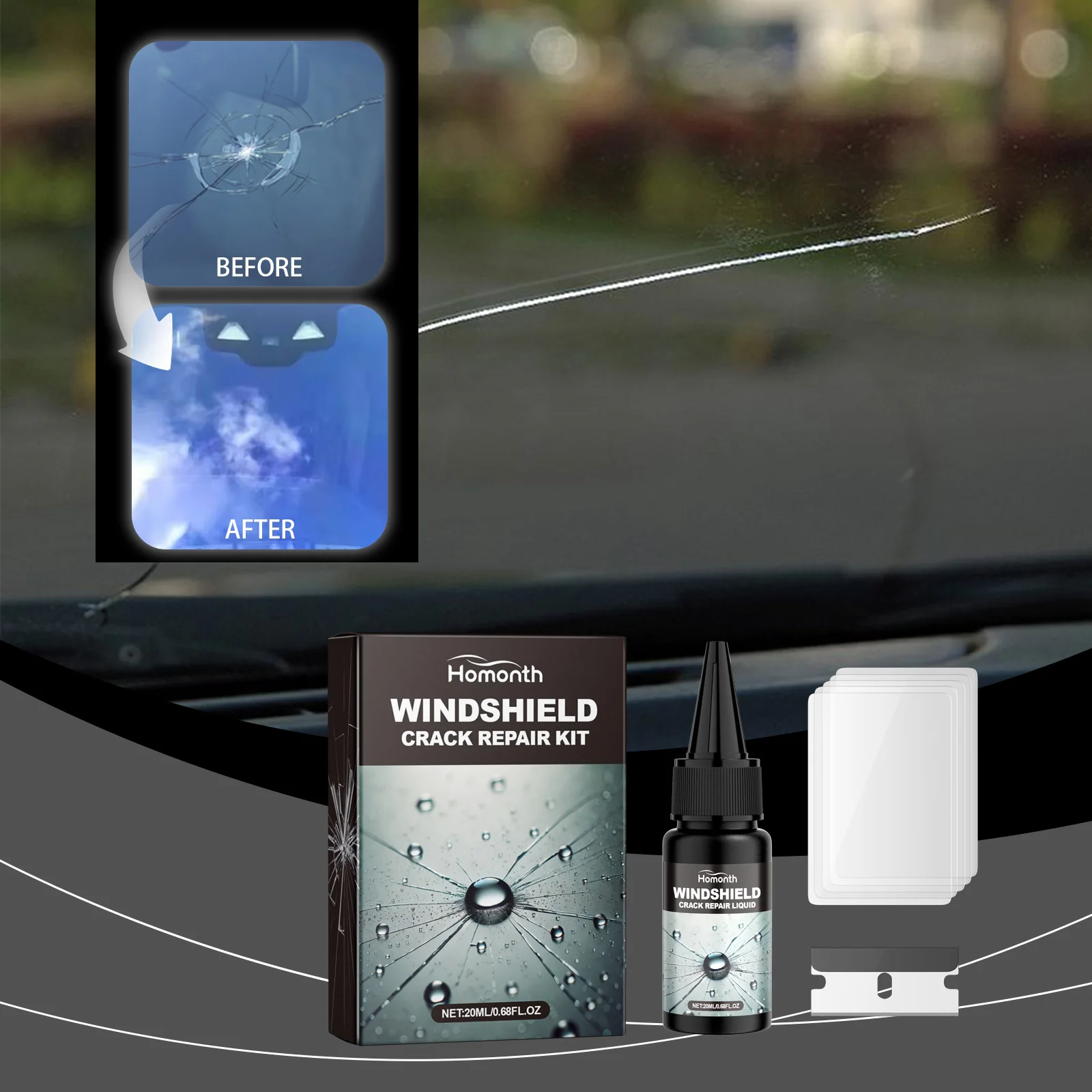 Windshield Crack Repair Kit Auto Front Windshield Nano Repair Fluid Kit Quickly Repair Cracks Clear Vision Safe Traveling