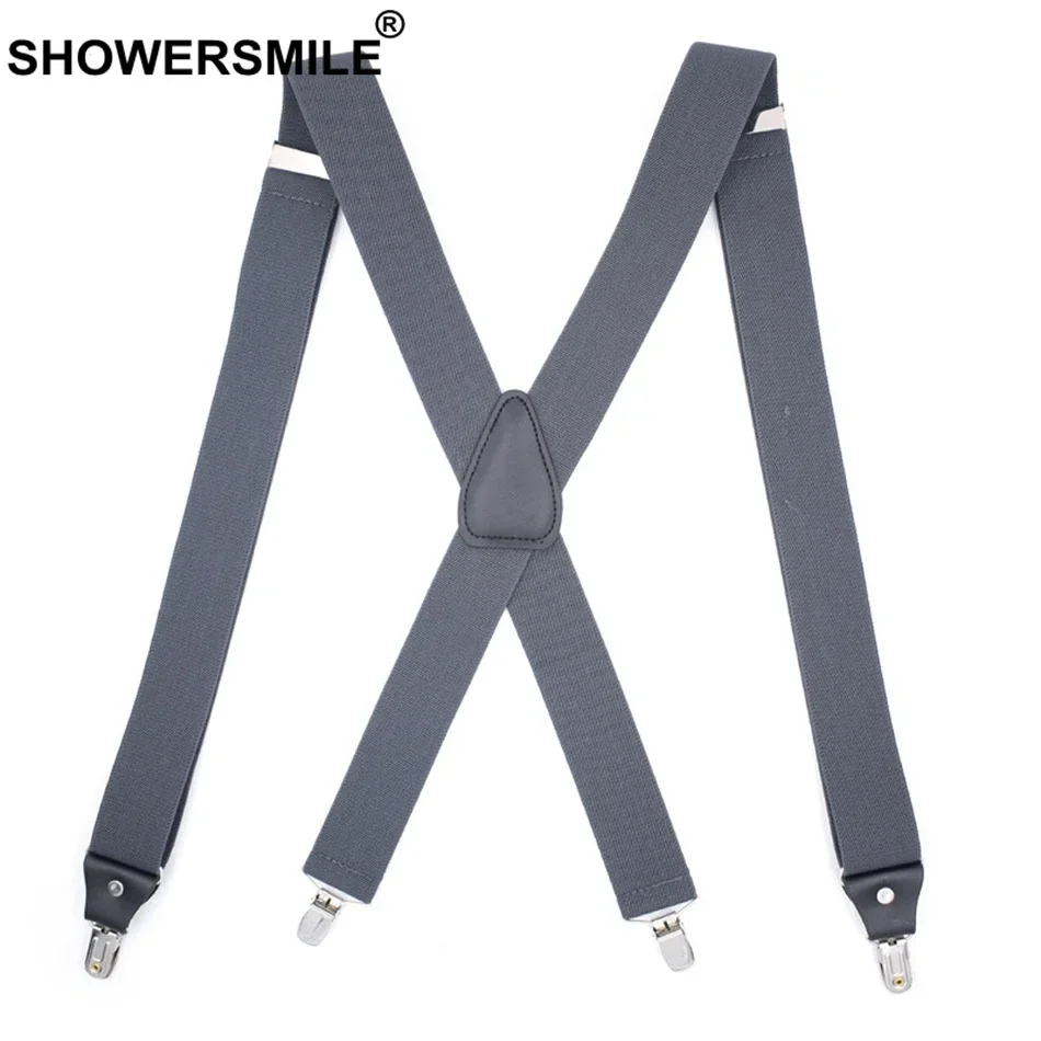 

SHOWERSMILE Men Suspenders for Shirt Gray Brown 120cm 4 Clips Trouser Straps X Back Wedding Vintage Male Suspenders Belt Elastic