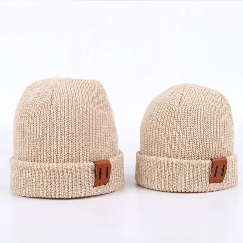 Baby Knit Hat for Boys Girls Autumn Winter Warm Kids Beanie Adult Children Parent-Child Hats Newborn Baby Cap with Leather Label