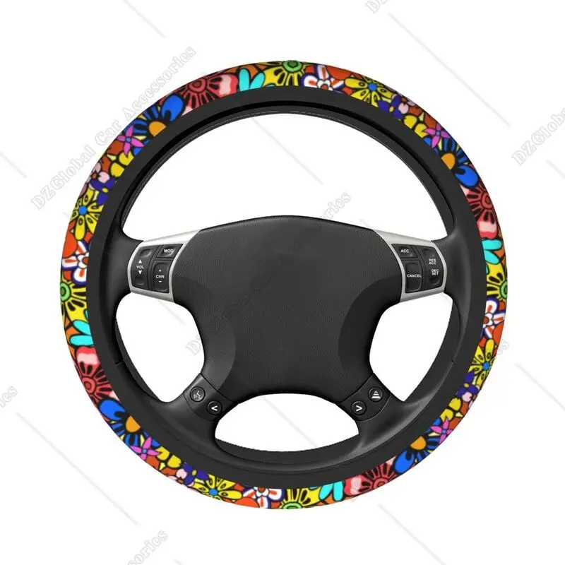 Hippie Flowers Car Steering Wheel Cover for Women 15 Inch Universal Steering Wheel Auto Protector Accessories Interior Decor