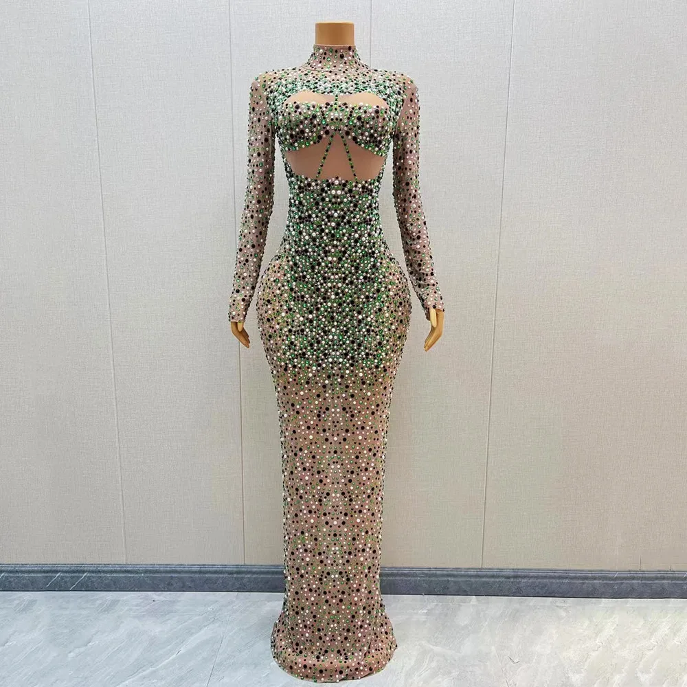 Colorful Rhinestones Beads Sheer Floor Length Dress Evening Party Singer Stage Luxurious Costume Birthday Prom Transparent Dress