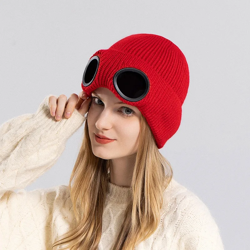 Gorro de punto Unisex con gafas a prueba de viento calentador de invierno gorros de esquí suave cálido antideslizante protección para los oídos Garros