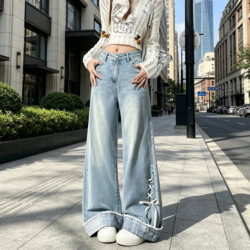Women Sweet Bow Lace‑Up Jeans Spring Roll‑Up Cuff Denim Pants Loose Straight Wide Leg Trousers Fashion Casual Long Denim Pants