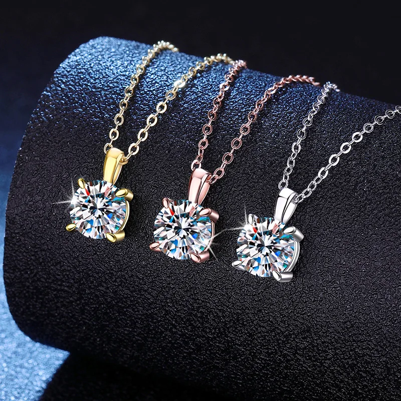 Platinum PT950 18K Gold Necklace with Moissanite Pendant, Four Claw Collarbone Chain, 1 Carat, D-color Moissanite Necklace
