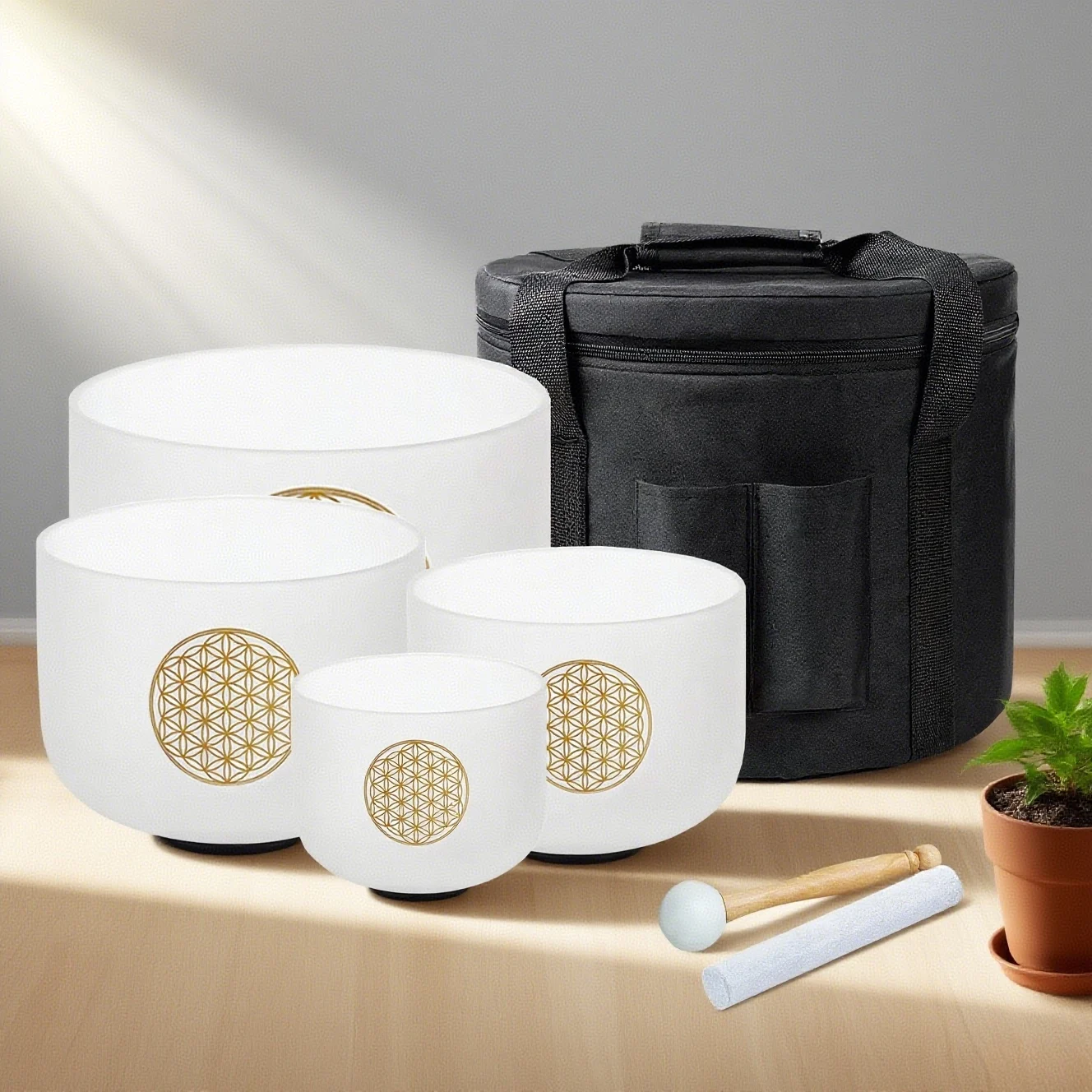 

Набор хрустальных поющих чаш Hye-eun 6"B 8"G 10"E 12"C Life Flower для чакр, 440 Гц/432 Гц, с черной сумкой